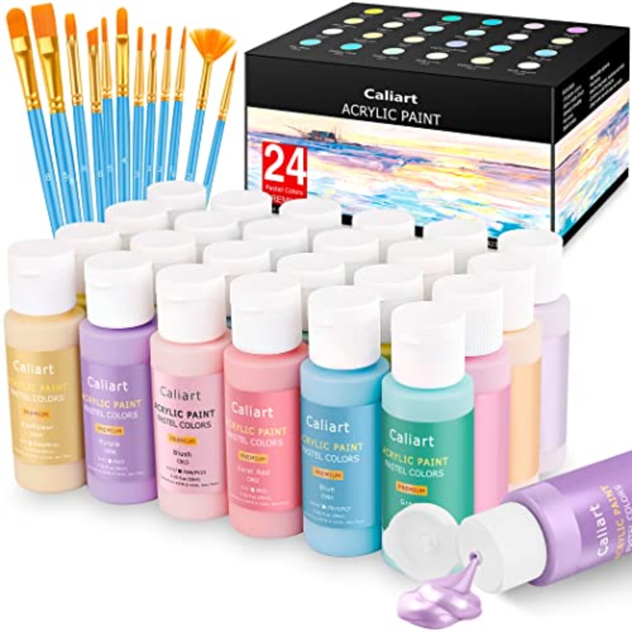 Pastel Acrylic Paint Set with 12 Brushes, 24 Pastel Colors (59ml, 2oz) Art Craft Paint for Artists Students Kids Beginners, Halloween Decorations Canvas Ceramic Wood Rock Painting Supplies Kit